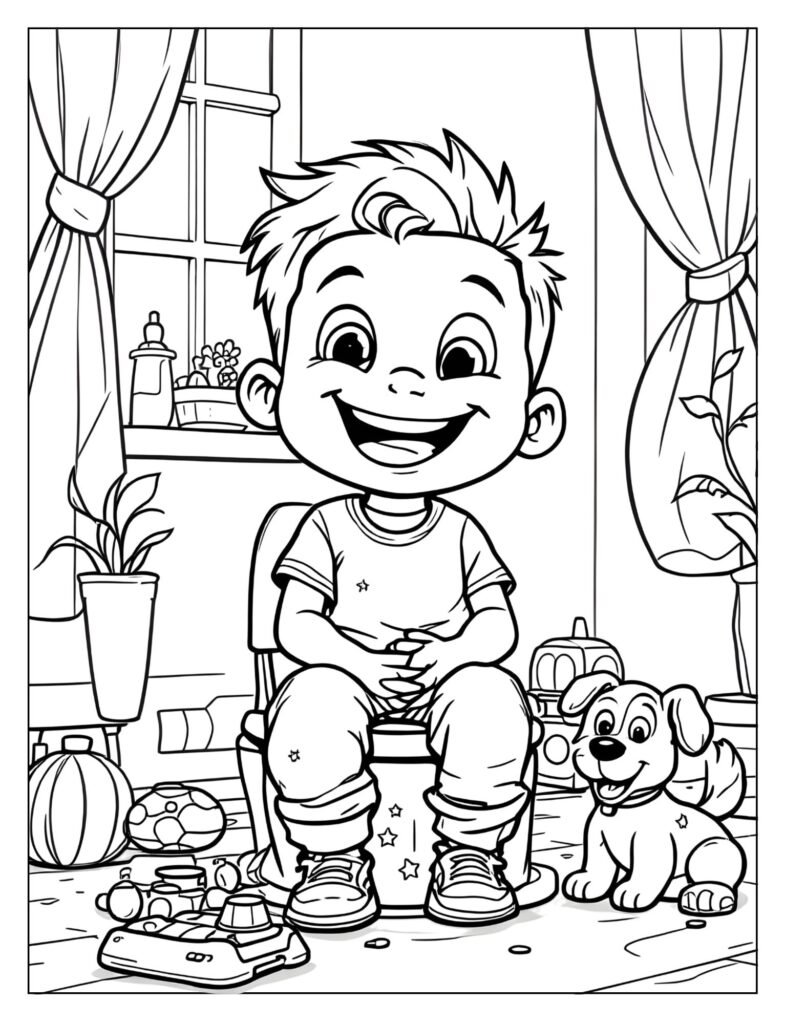 A happy child sitting on a potty chair with a proud smile.