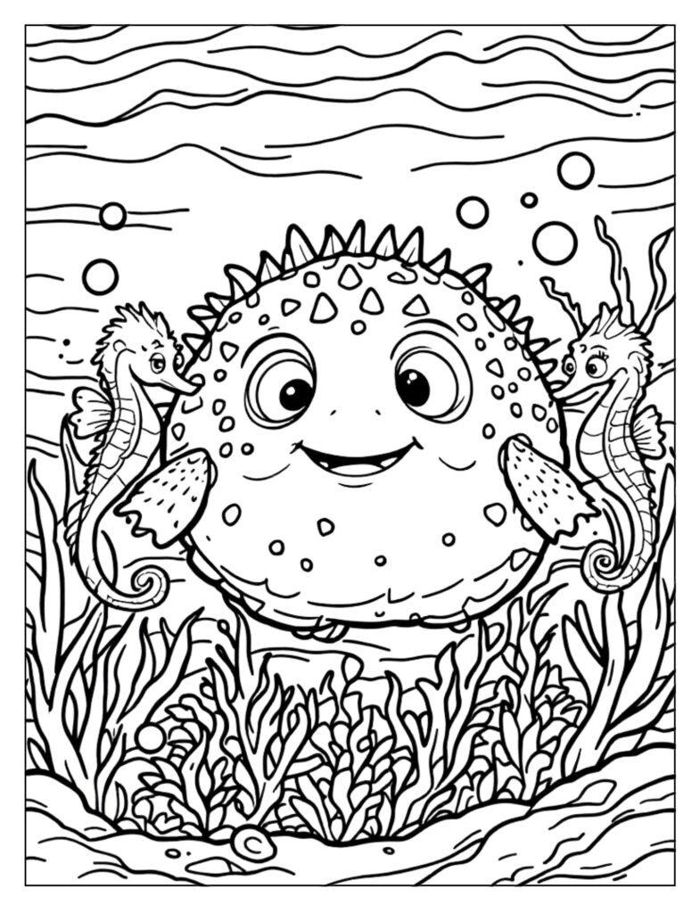  Happy smiling puffer fish illustration for coloring