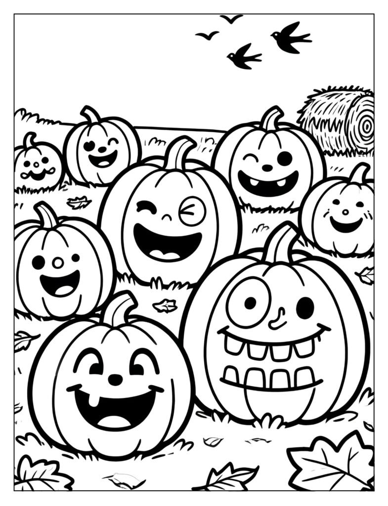 A group of pumpkins with happy and funny faces in a patch.