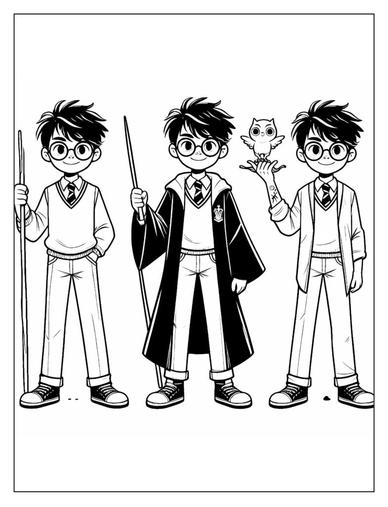 A line art illustration of Harry Potter interacting affectionately with Hedwig or another magical creature, designed for coloring.