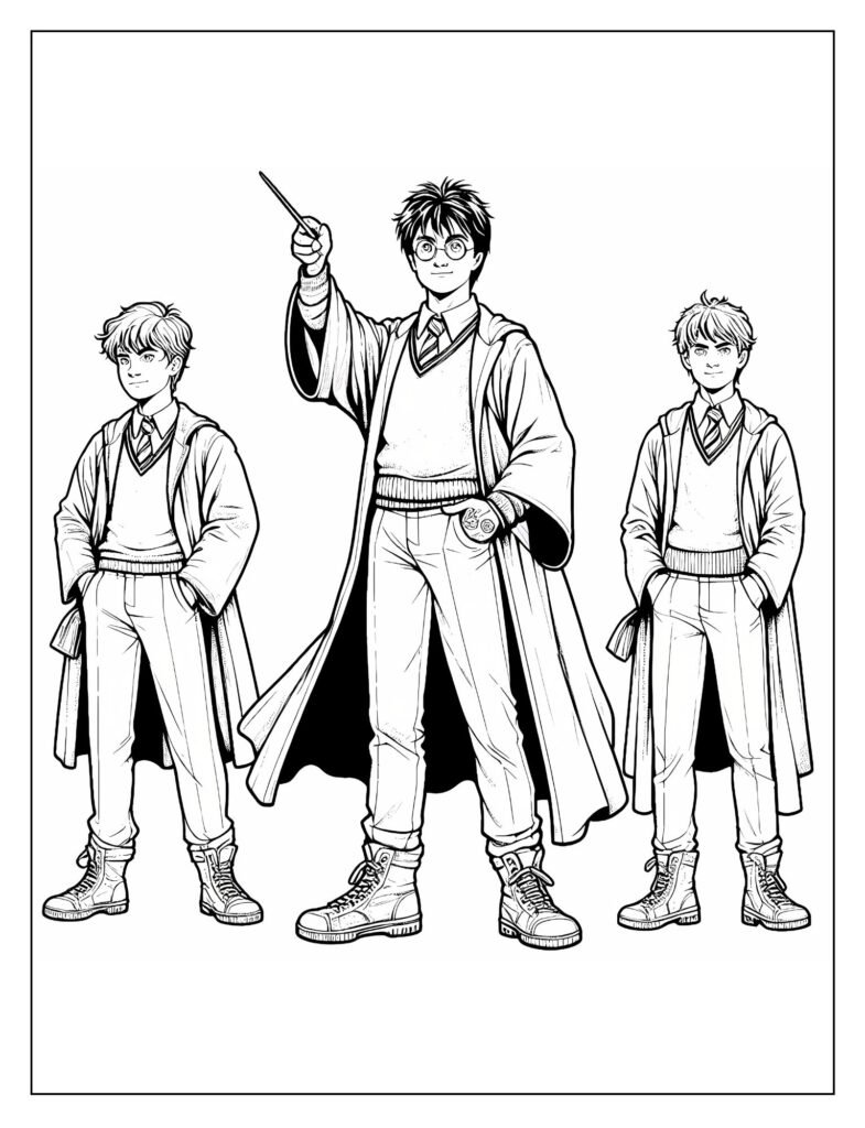 A black and white illustration featuring Harry Potter alongside Hermione Granger and Ron Weasley, ready for coloring.
 