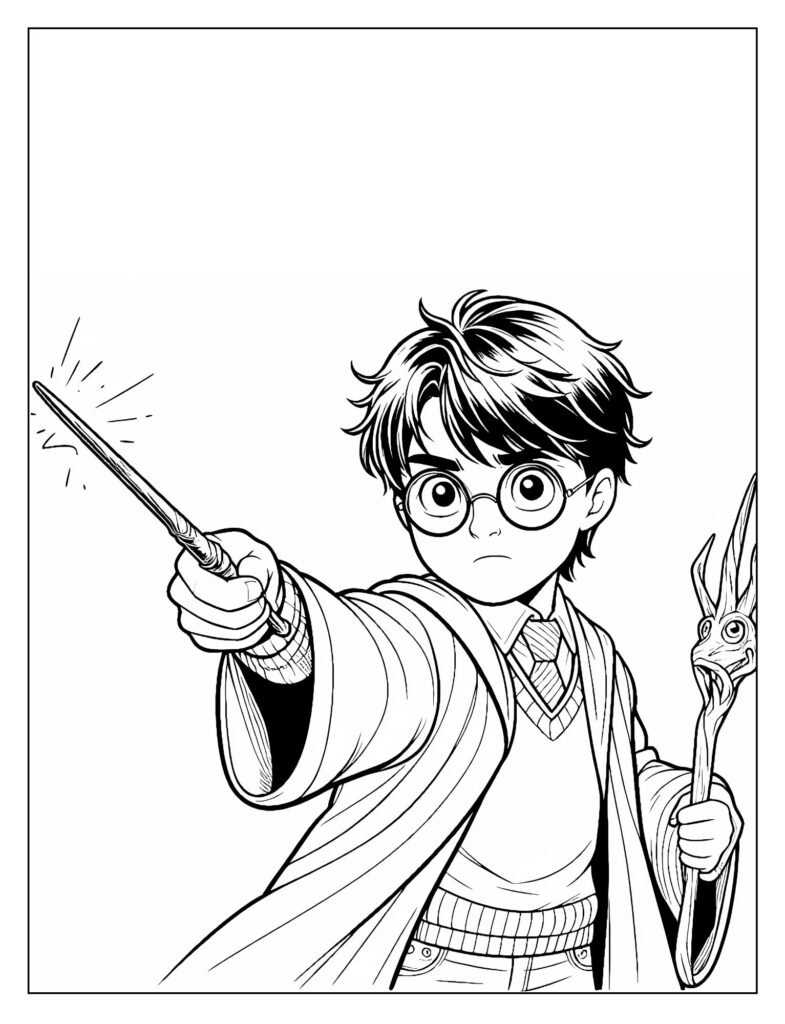A line art illustration showing Harry Potter encountering his first magical elements, like a wand or a floating feather, ready to be colored.