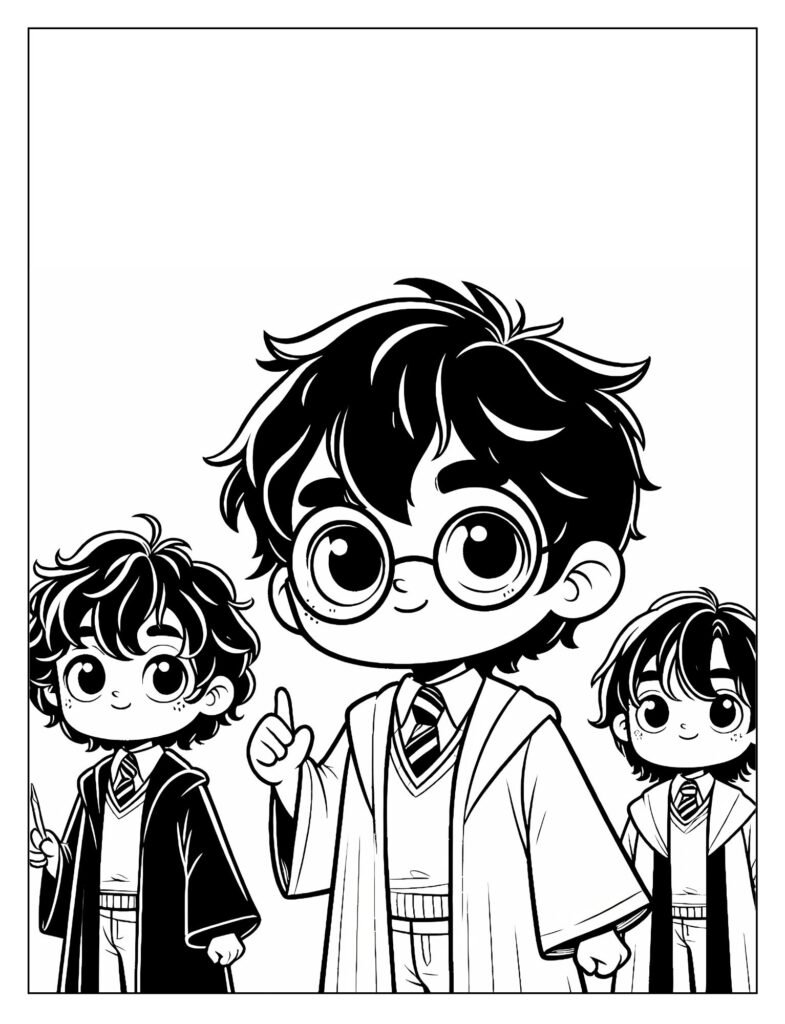 A line art drawing of Harry, Ron, and Hermione in a cute, chibi, or cartoonish style, ready for coloring.

