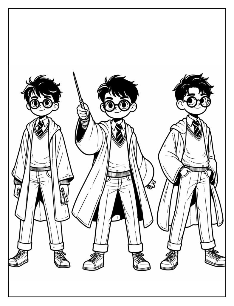 An outline drawing showing various iconic elements from Harry Potter's journey, like the Hogwarts Express, the Golden Snitch, and a wand, ready for coloring.