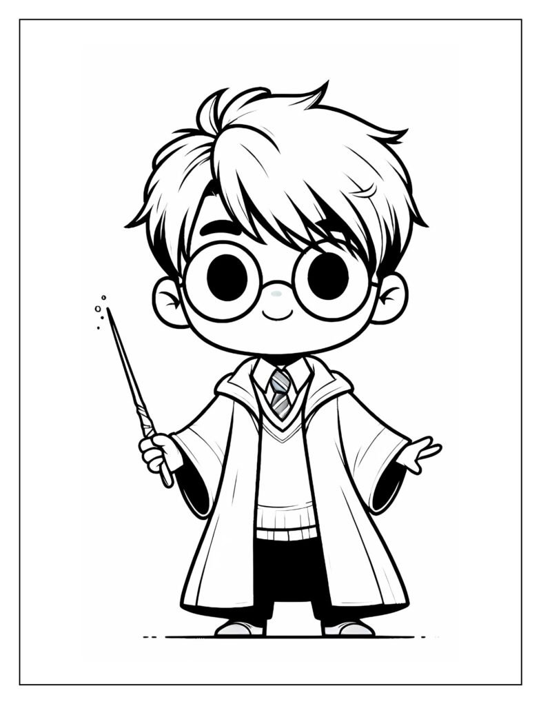 A black and white outline drawing of young Harry Potter, perhaps with his lightning bolt scar prominent, ready for coloring.