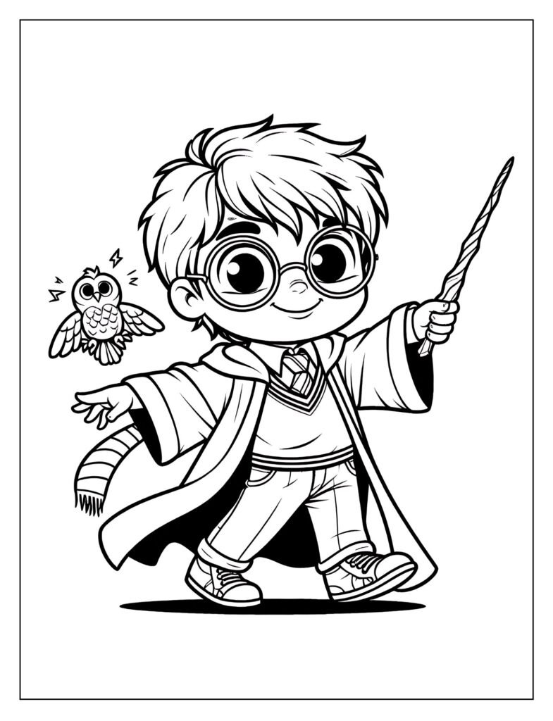 A line art drawing capturing Harry Potter in an adventurous scene, such as flying on a broomstick or exploring, designed for coloring.