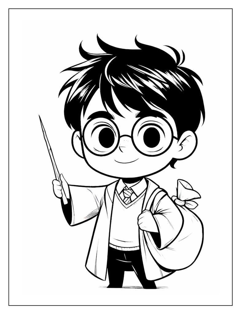 An outline drawing depicting a scene from Harry Potter's initial experiences at Hogwarts, such as entering the Great Hall or attending a class, designed for coloring.