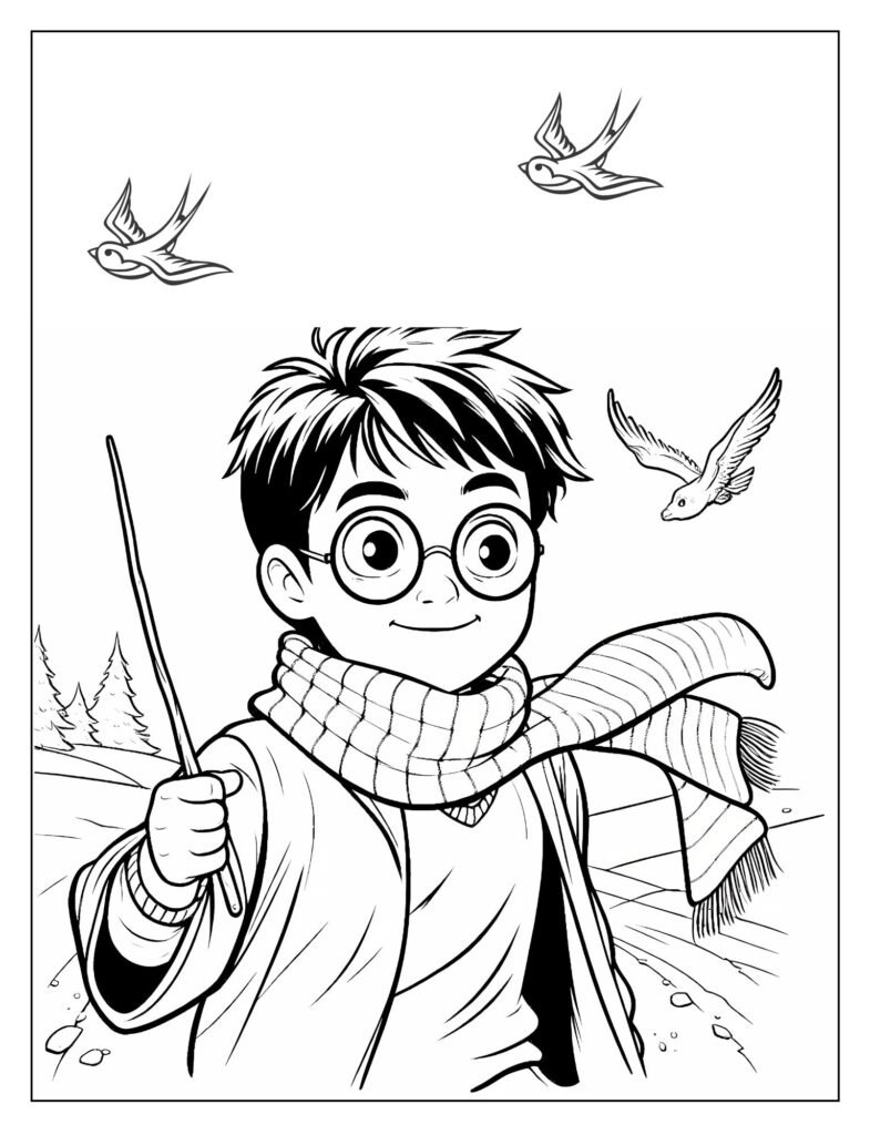 An outline illustration depicting Harry Potter and possibly his friends in the Forbidden Forest, with trees and shadows, ready for coloring.
