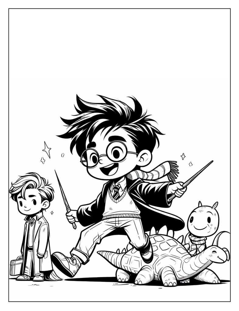 A black and white illustration of several magical objects from the Harry Potter series, such as the Sorting Hat, a wand, or a Snitch, designed for coloring.