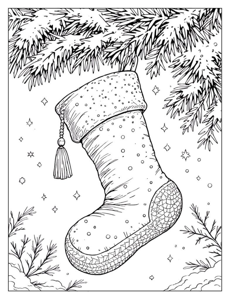 Stocking cap with a braided tassel hanging on a snowy pine tree branch.

