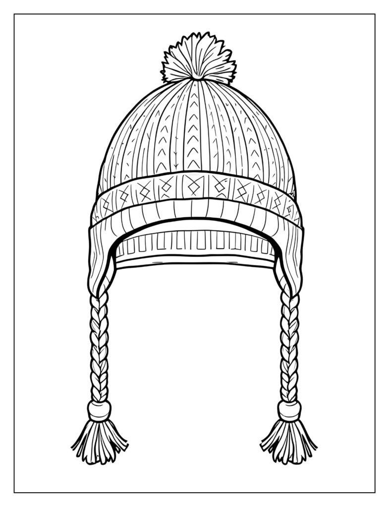 Knit hat with long ear flaps ending in thick, colorful braided tassels.