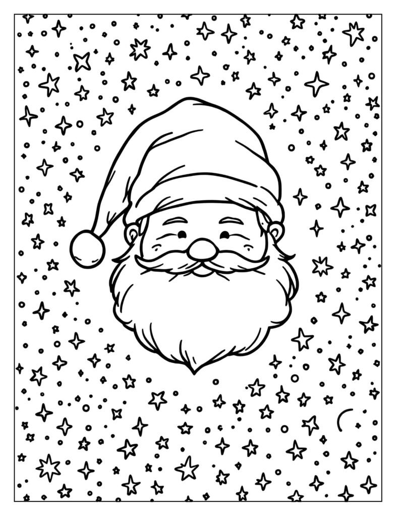 Simple outline of Santa's head against a background filled with a repeating pattern of small, clear stars and swirling celestial lines.