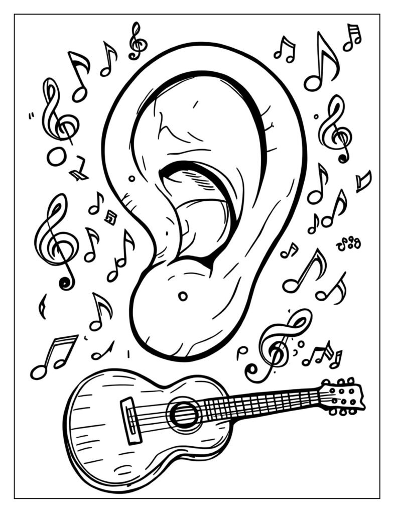 A big ear listening to music notes from an instrument.