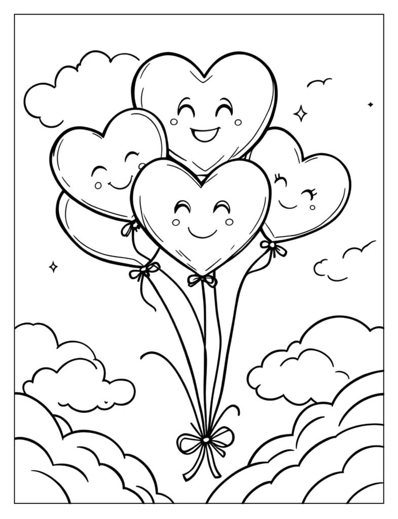 A bouquet of five small heart-shaped balloons tied with strings.