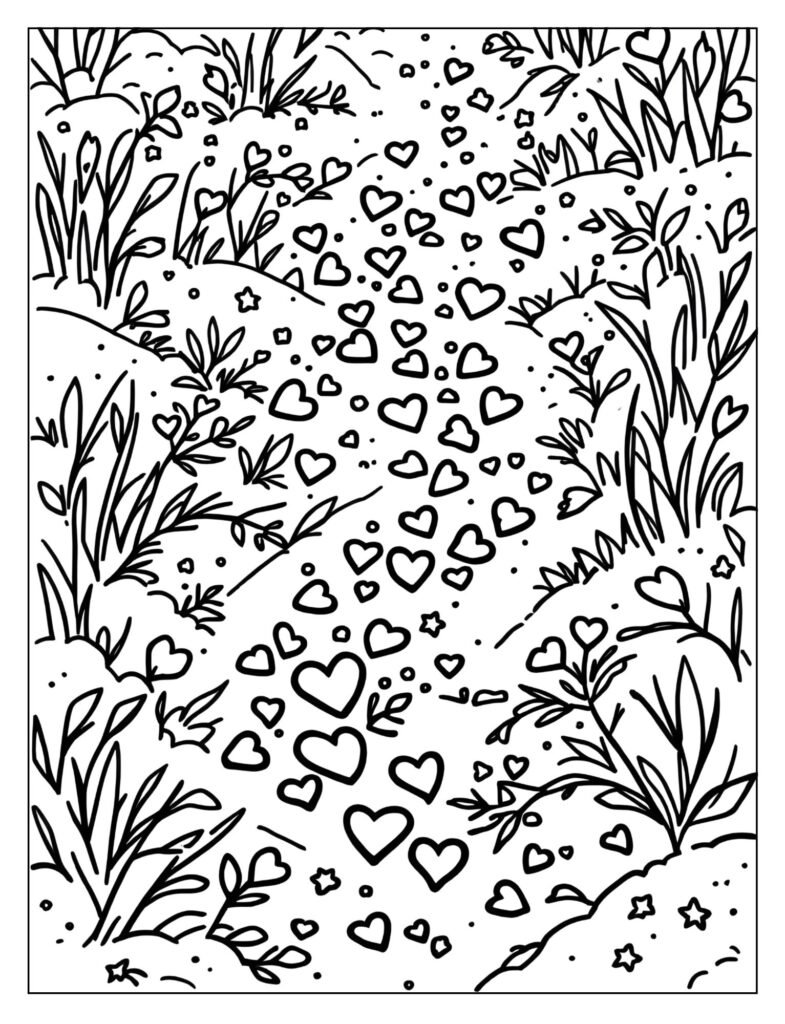 Small footprints walking across the page, with each print being a tiny heart shape.