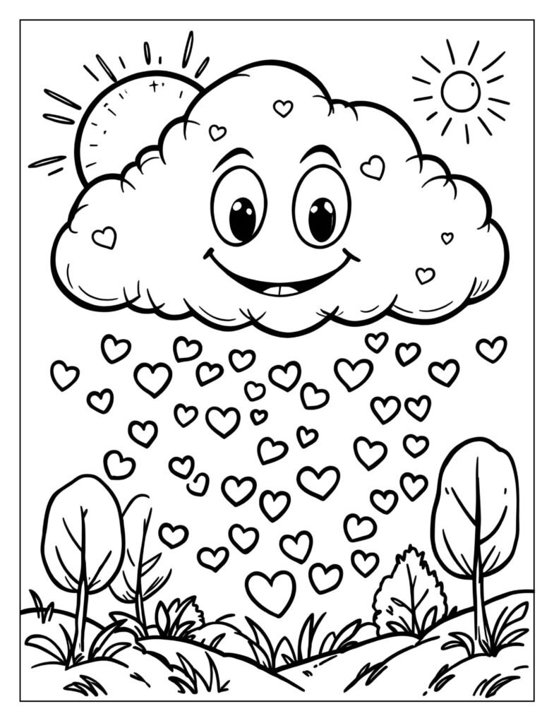 A cartoon cloud with small, heart-shaped rain falling from it.