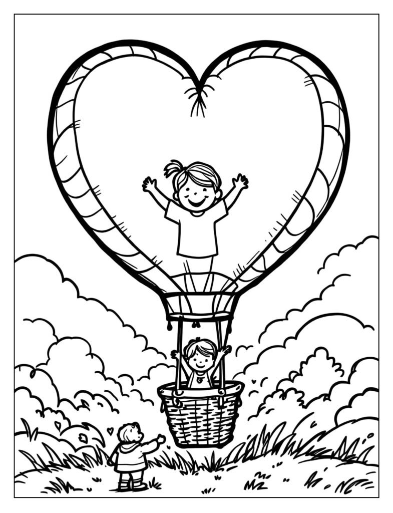A child waving from a heart-shaped hot air balloon basket while an adult holds the rope securely on the ground.
