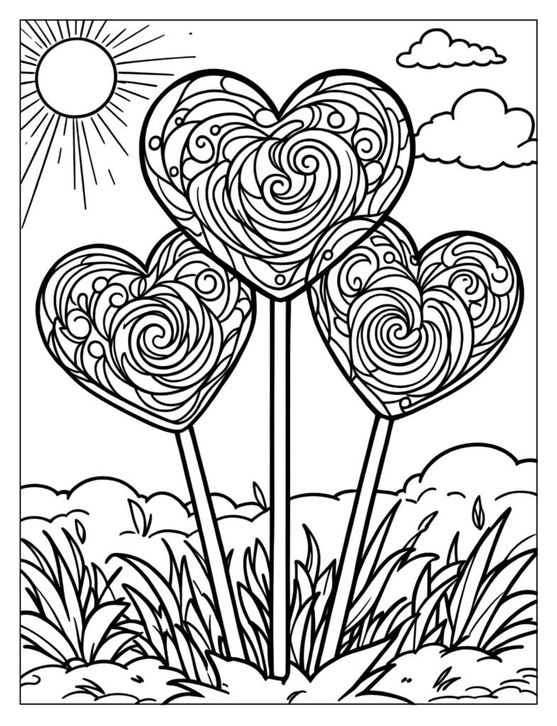 Three small, heart-shaped lollipops with swirling patterns.