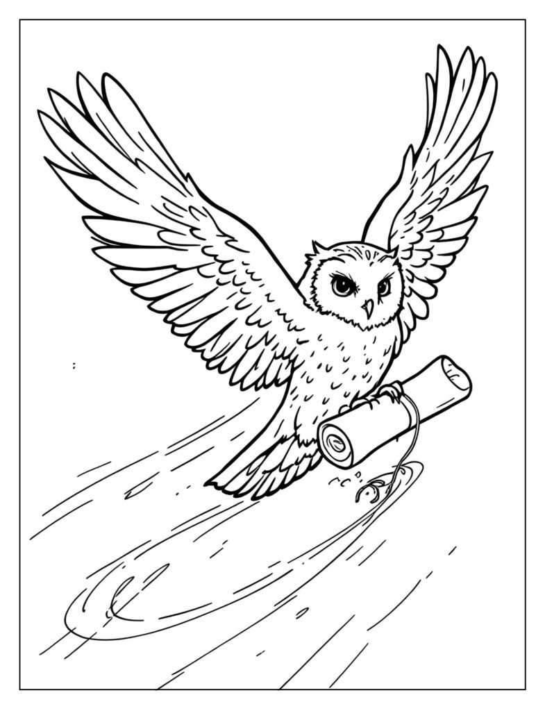 Hedwig the snowy owl in mid-flight, carrying a rolled-up Hogwarts letter tied with string.