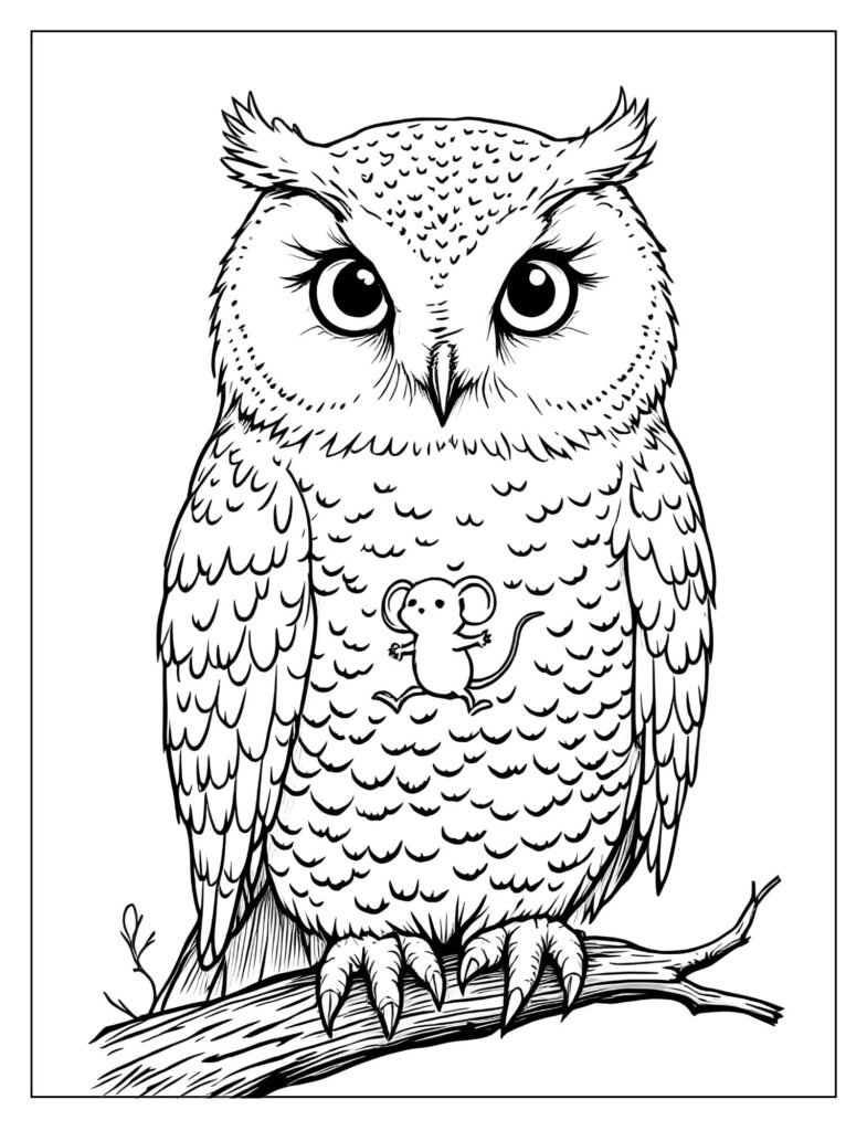 Hedwig the snowy owl perched peacefully, holding a small mouse or treat in her talons.
