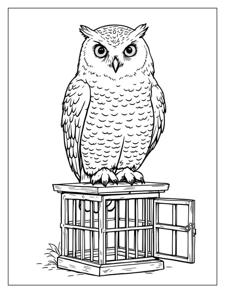 Hedwig the snowy owl perched on top of her classic wooden owl cage, looking alert.