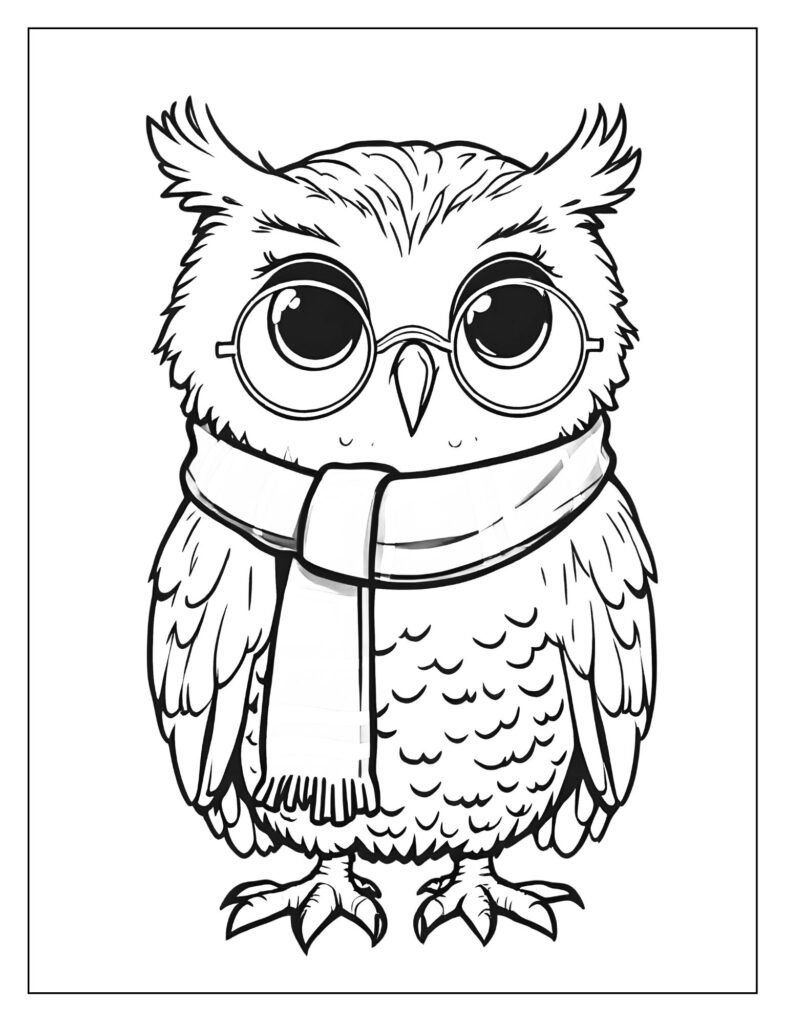 Whimsical, cartoon drawing of Hedwig wearing a miniature Gryffindor scarf and a tiny pair of round spectacles.