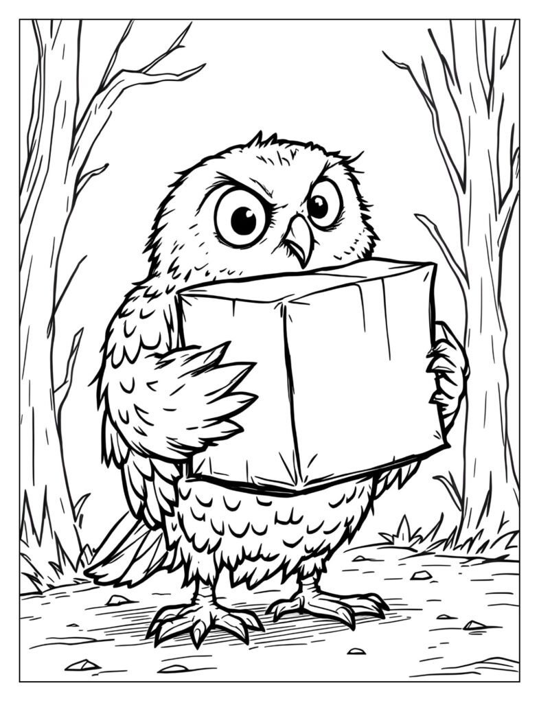 Hedwig struggling humorously to carry a large, awkward square package or parcel that is almost too big for her to lift.
