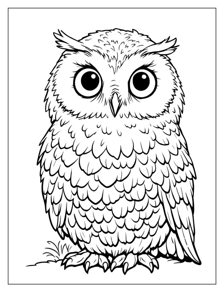 Detailed close-up portrait of Hedwig the snowy owl, emphasizing her bright amber eyes and the intricate texture of her white feathers.
