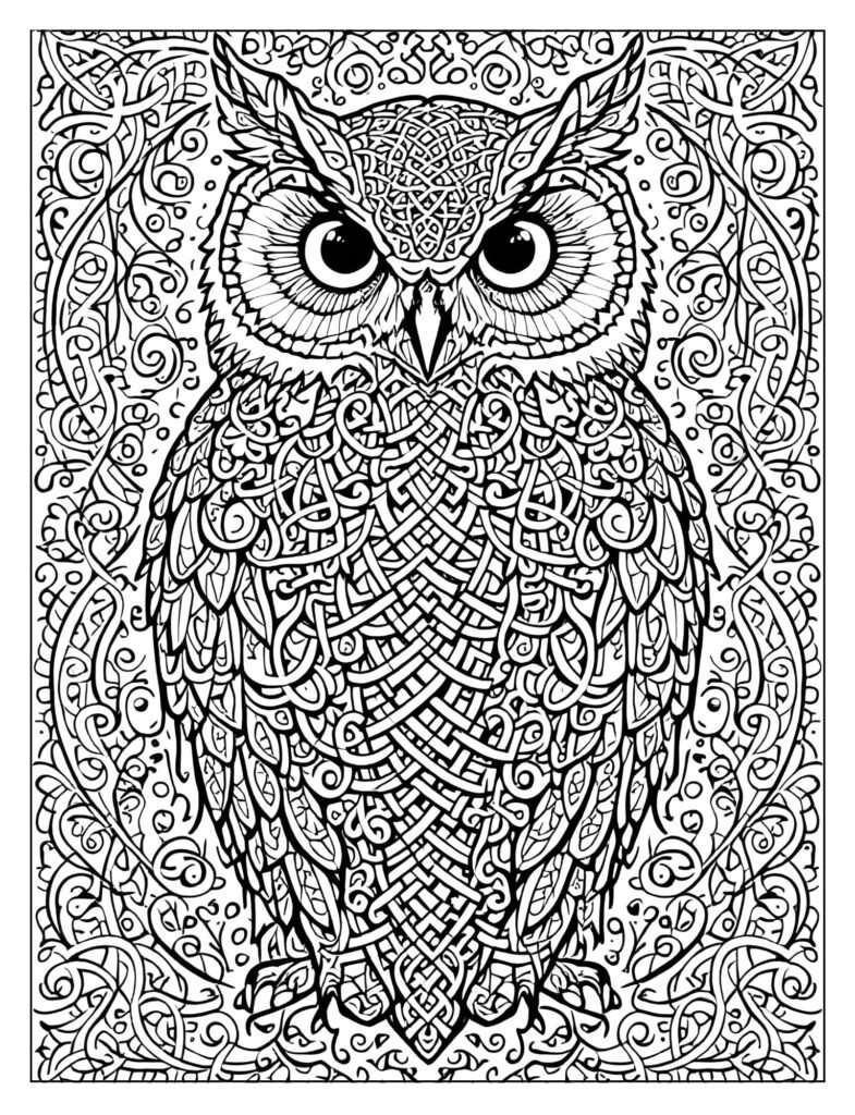 Highly stylized drawing of Hedwig's plumage where the feathers are covered in intricate Celtic knots or swirling magical patterns.
