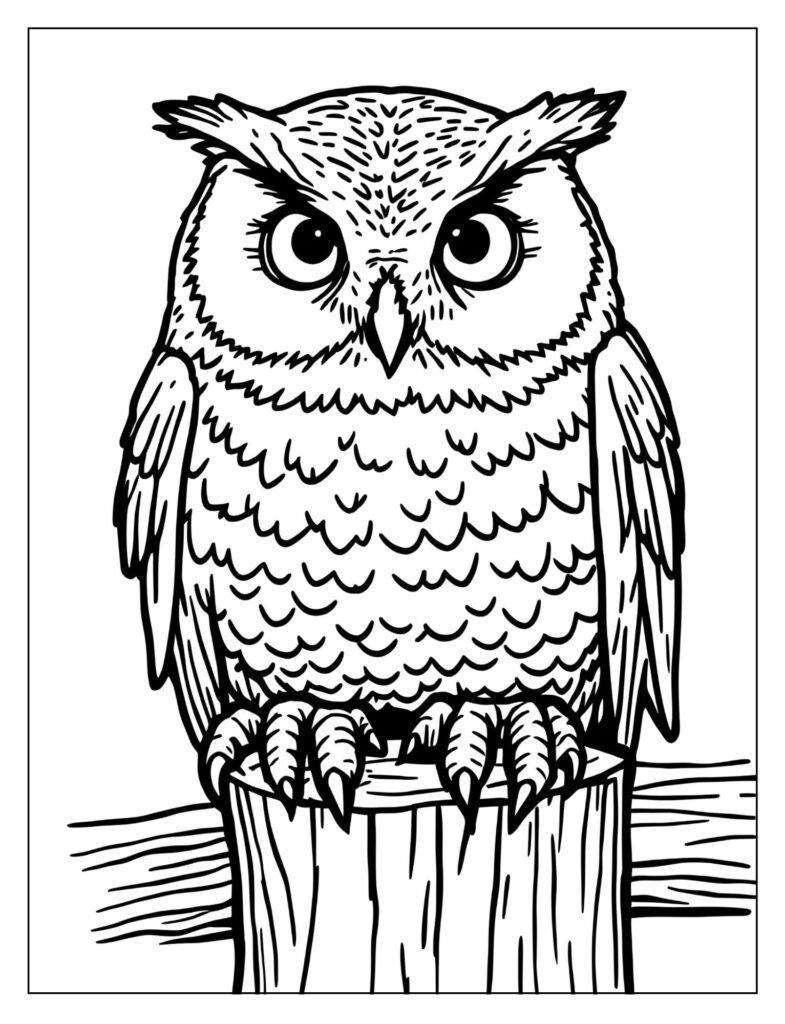 Close-up drawing focusing only on the feathers and powerful talons of Hedwig, gripping a wooden perch.