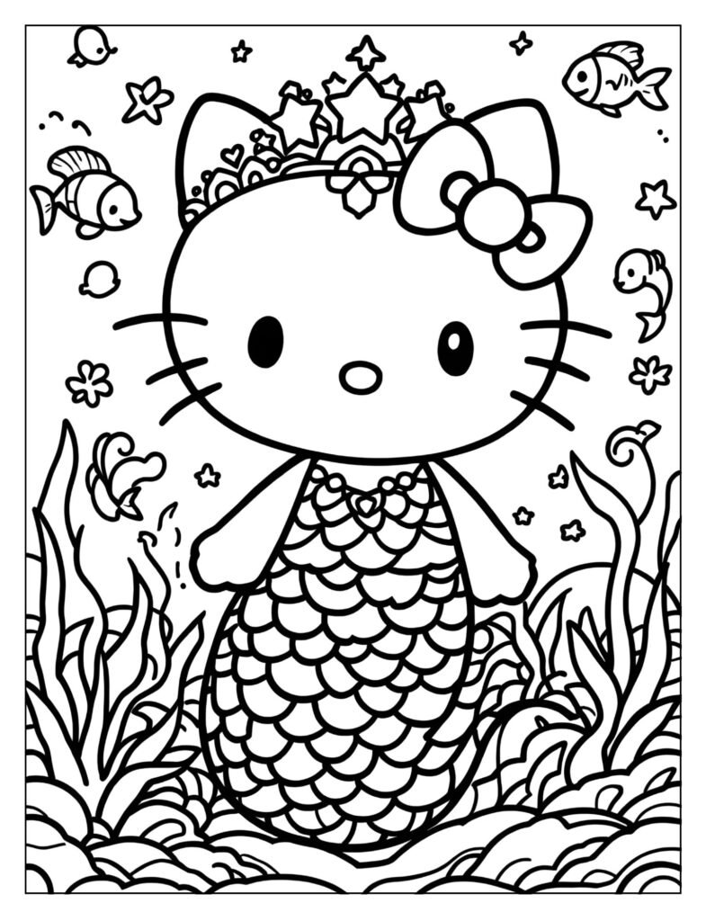 Hello Kitty mermaid wearing a beautiful, jeweled crown and her bow.