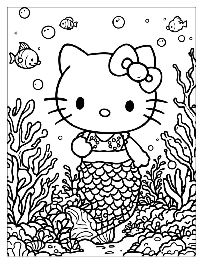 Hello Kitty mermaid playfully blowing bubbles underwater.