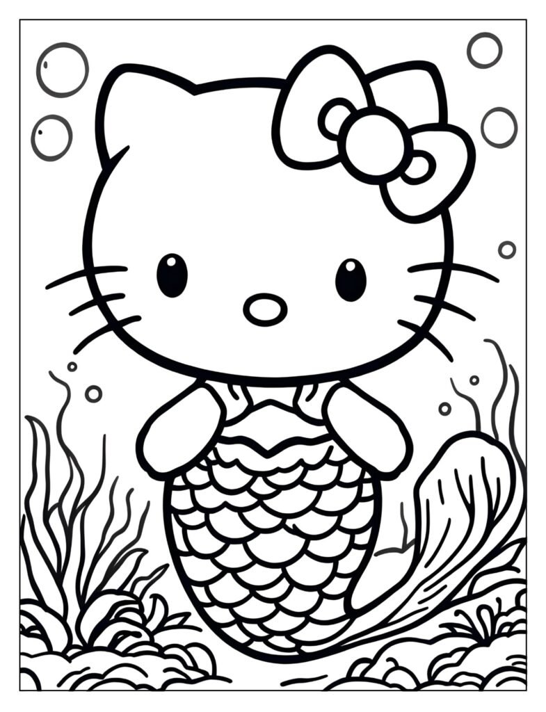 A close-up portrait of Hello Kitty mermaid's face, bow, and upper tail.