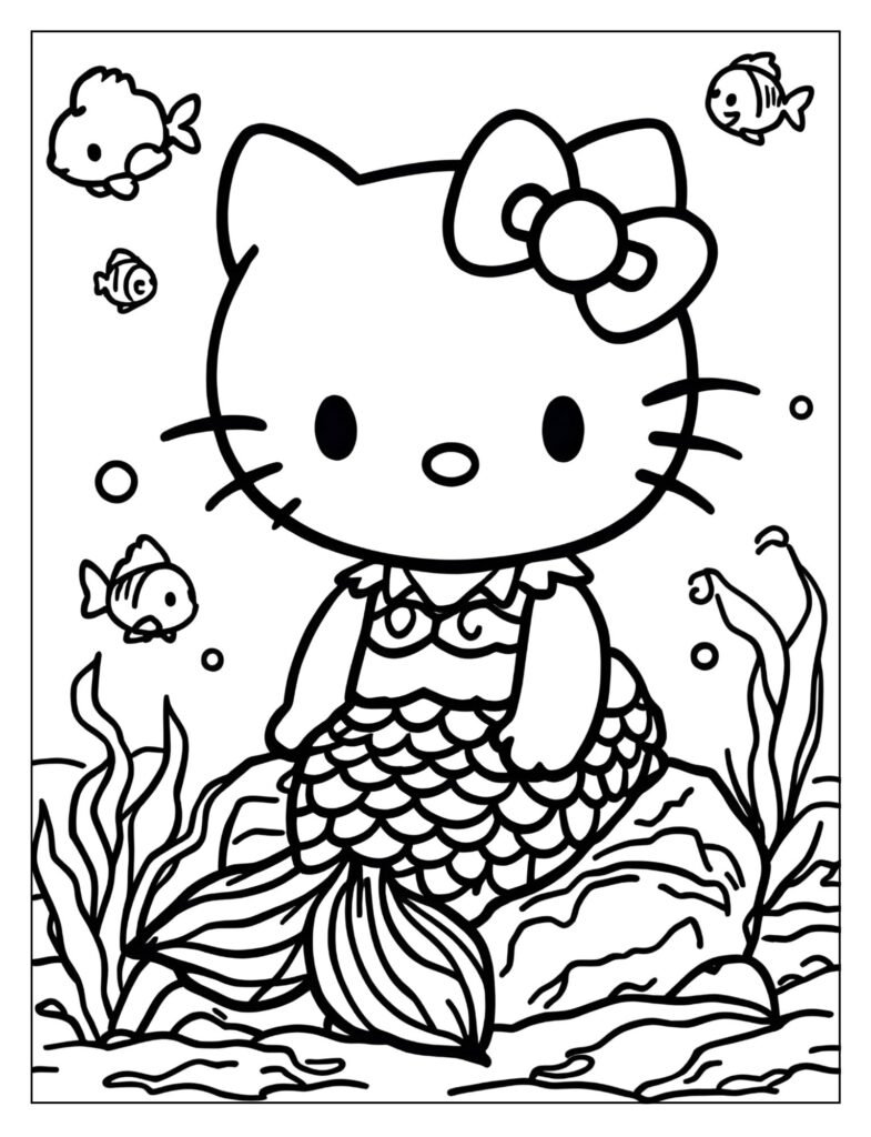 Hello Kitty mermaid with a bow and a happy smile, sitting on a rock.