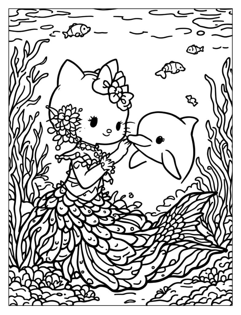 Hello Kitty mermaid gently touching noses with a friendly dolphin.

