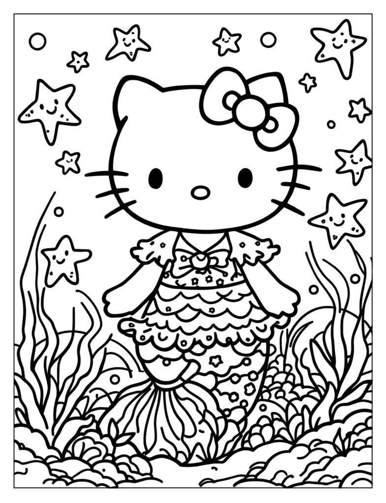 Hello Kitty mermaid surrounded by different-sized starfish.