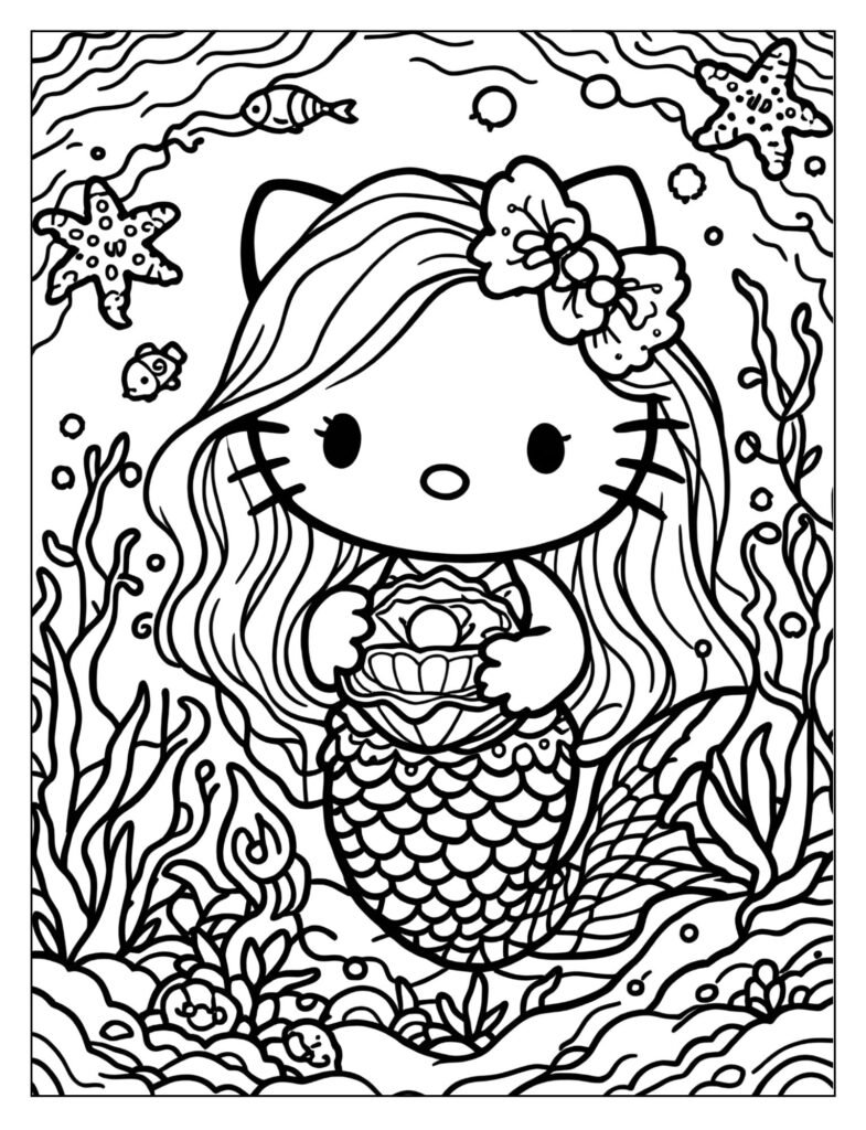 Hello Kitty mermaid holding an open seashell with a pearl.

