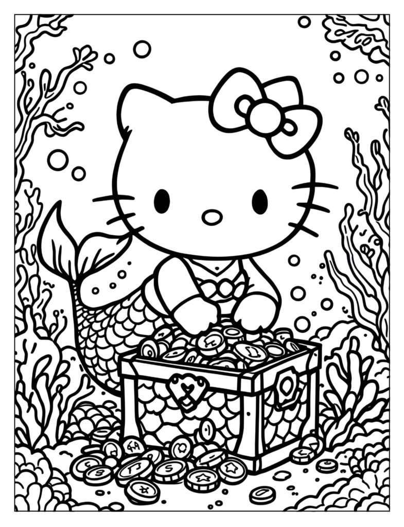Hello Kitty mermaid discovering an open treasure chest.