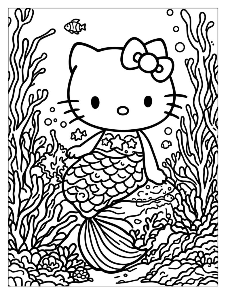 Hello Kitty mermaid sitting among colorful coral and seaweed.