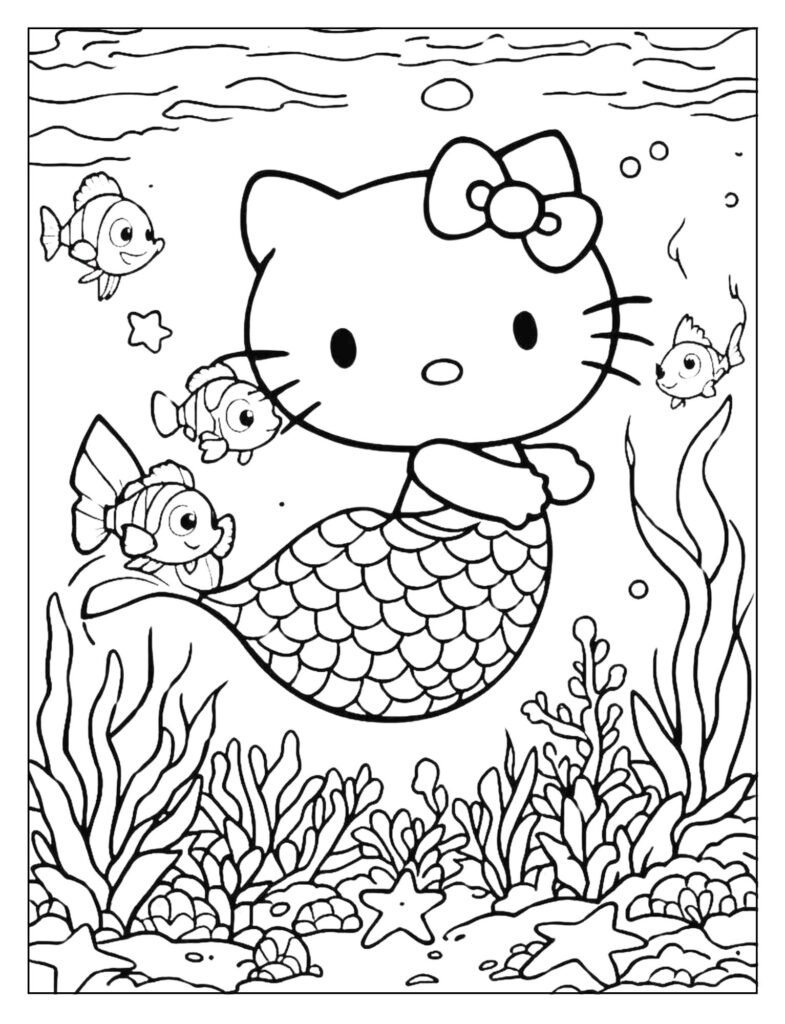 Hello Kitty mermaid swimming with friendly fish.