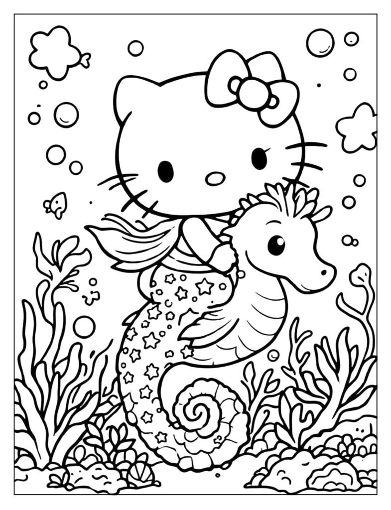 Hello Kitty mermaid gently riding on a friendly seahorse.