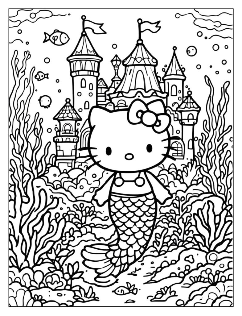 Hello Kitty mermaid in front of an underwater castle made of coral.