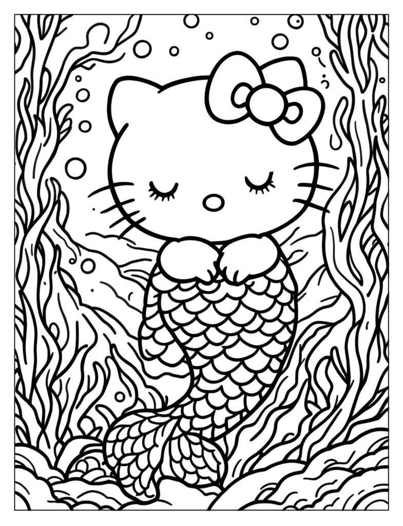 Hello Kitty mermaid sleeping peacefully on a bed of soft seaweed.