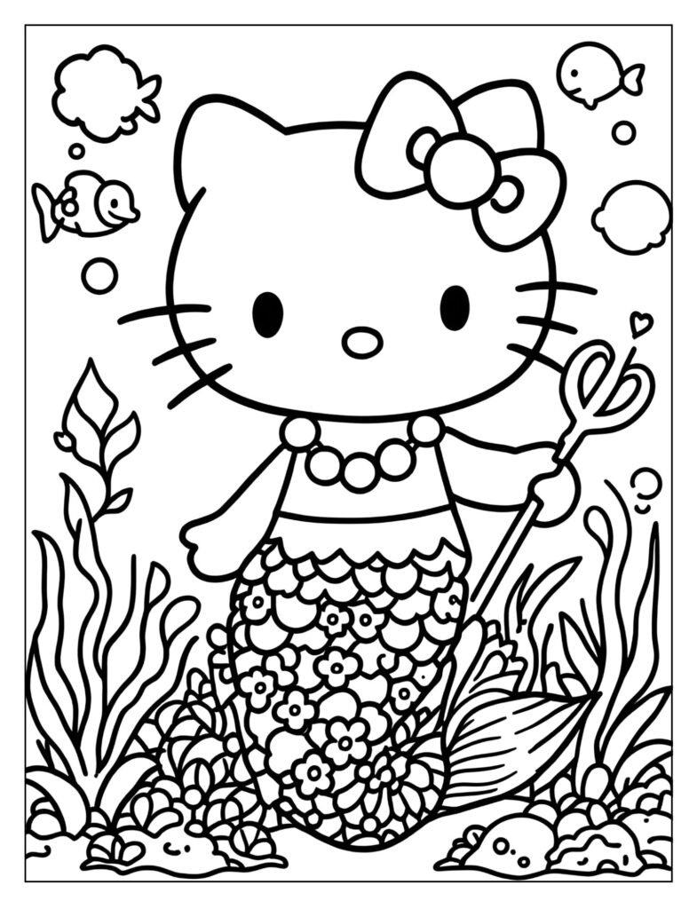 Hello Kitty mermaid holding a tiny, cute trident.