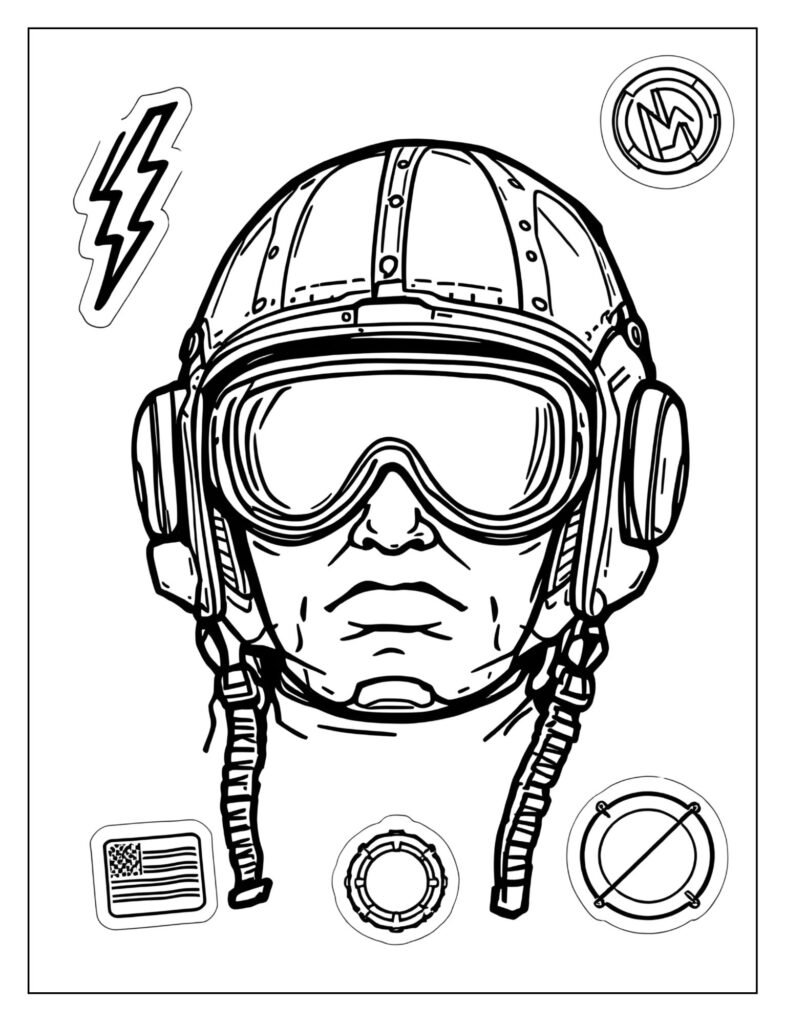 Simple helmet outline surrounded by several small, separate decal stickers (stars, stripes, mini logos).
