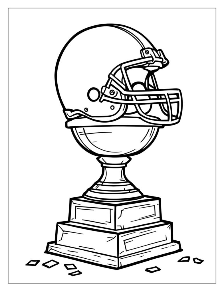 Football helmet resting on a simple, tiered trophy base, surrounded by confetti.