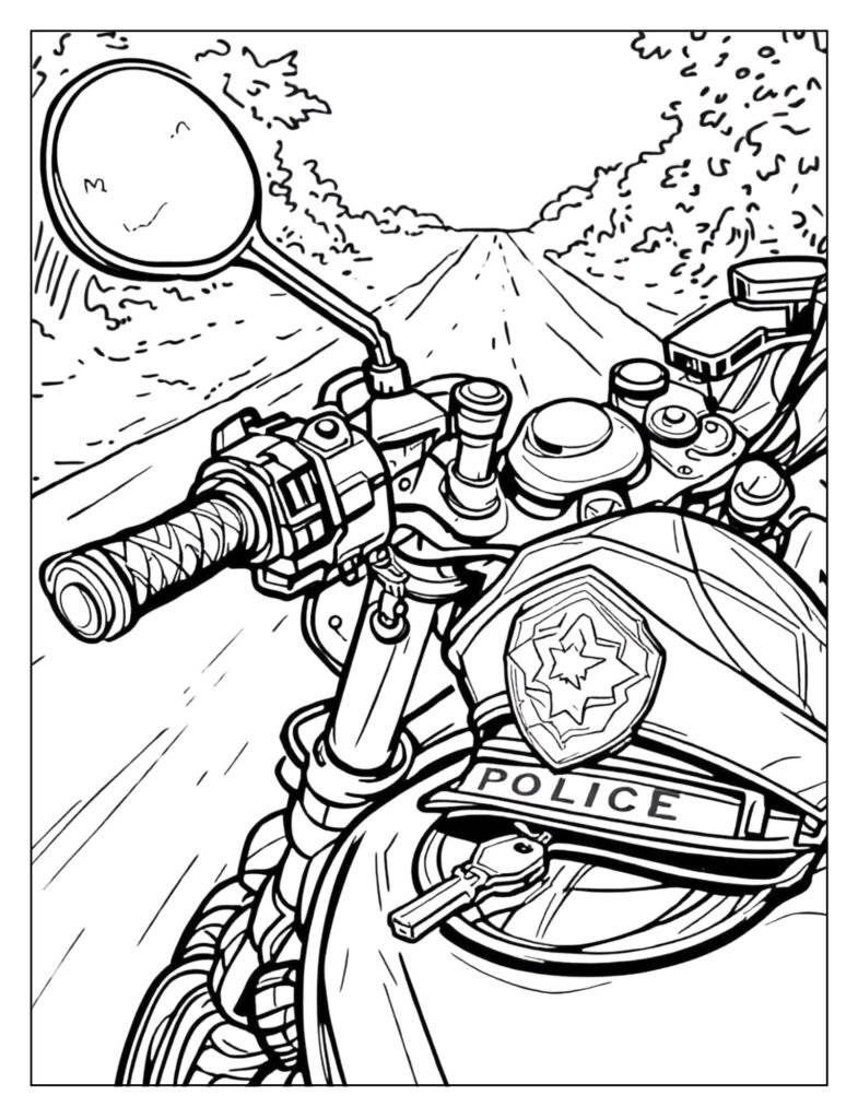 Close-up of the police motorcycle handlebars with the key in the ignition and the helmet on the seat.