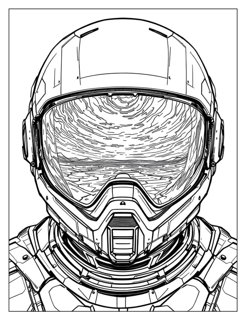 Detailed drawing of a helmet with a clear or tinted visor snapped onto the face mask, showing a reflection.
