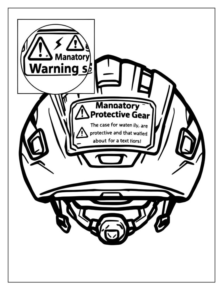 Simple helmet drawing with a close-up section focusing on the small, required warning label text near the back of the helmet.
