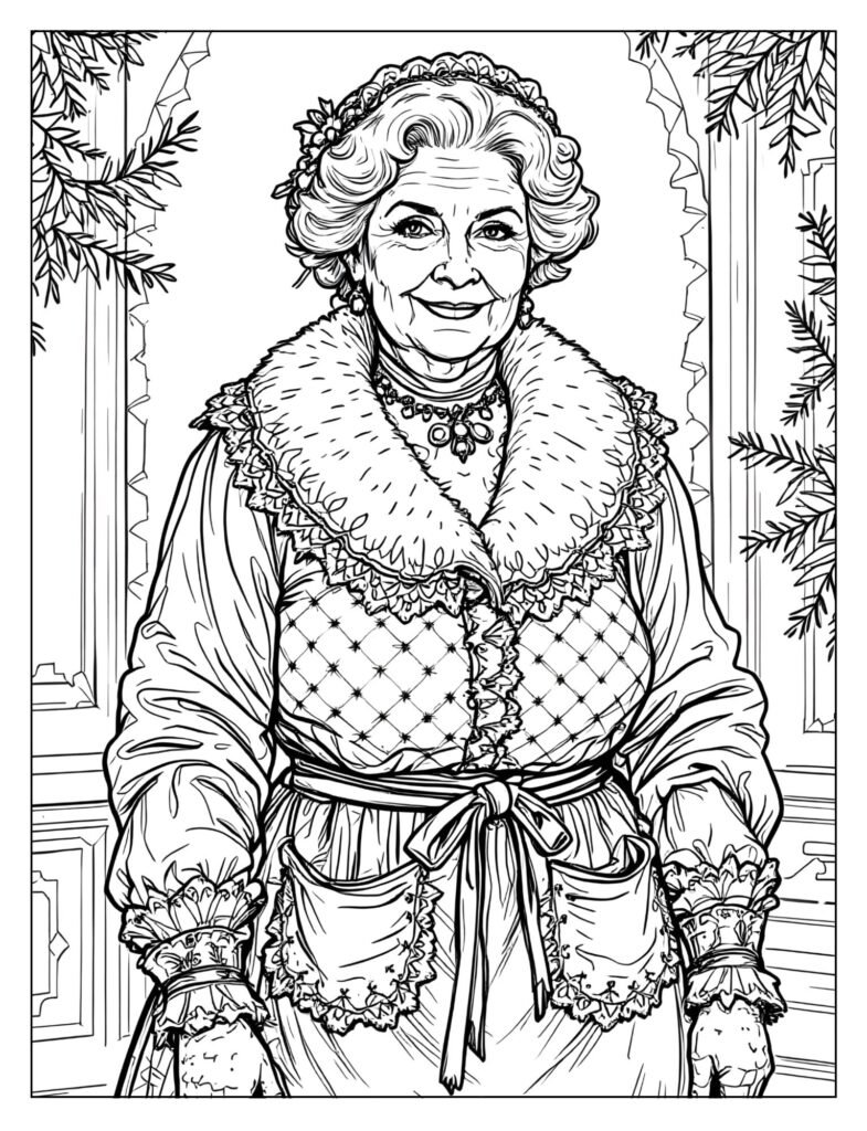 Detailed, full-body drawing of Mrs. Claus's signature velvet dress with fur trim and a lace collar.

